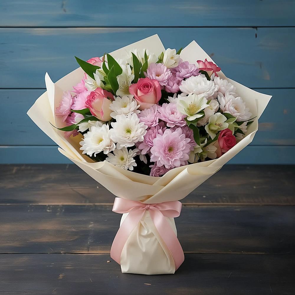 Букет цветов из: Хризантемы, Альстромерии и Розы в Шаумянском